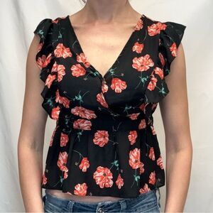 Jack by BB Dakota Floral Faux Wrap Ruffle Blouse Peplum Tie Back M